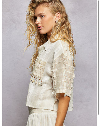 POL Clothing Woven Tassel Short Sleeve Button Up Top