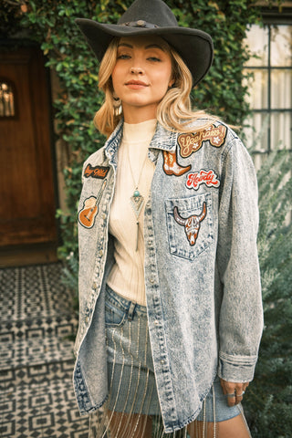 Small Town Washed Rodeo Western Patchwork Denim Jacket