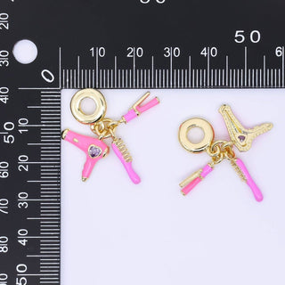 24K Gold Filled 16mm Pink Hair Blower Straightener Comb Beauty Set Rondelle Drop Charm