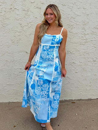 Blue Mosaic Linen Tie-up Lace Trim Midi Dress