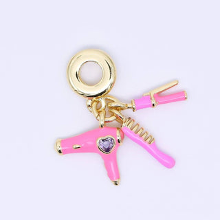 24K Gold Filled 16mm Pink Hair Blower Straightener Comb Beauty Set Rondelle Drop Charm