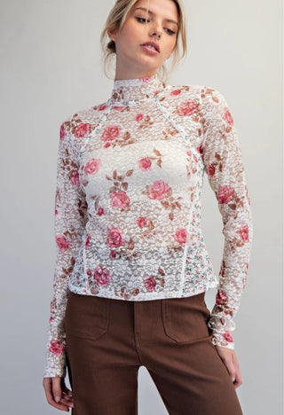 The Rosie Floral Mock-Neck Lace Top
