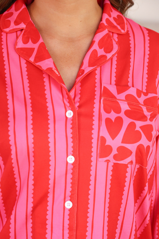 Heartfelt Stripes Ruffle Pajama Set: Red/Pink
