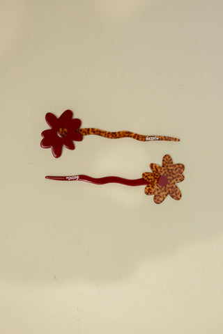 KAXI - FLOWER FRENCH PINS: RED & LEAPORD
