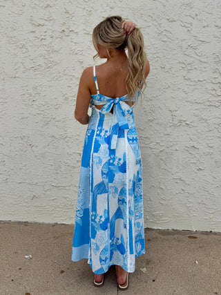 Blue Mosaic Linen Tie-up Lace Trim Midi Dress