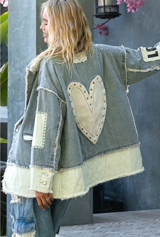 POL Clothing - Colorblocked Twill Denim Patch Studded Back Heart Jacket
