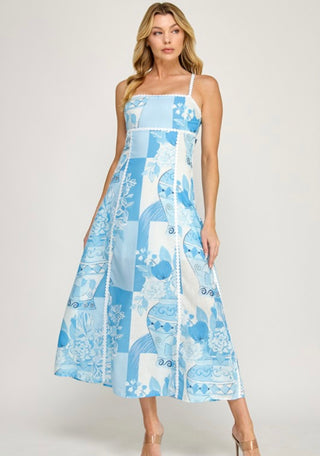 Blue Mosaic Linen Tie-up Lace Trim Midi Dress