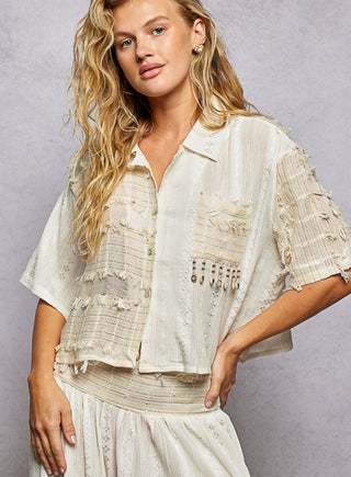 POL Clothing Woven Tassel Short Sleeve Button Up Top