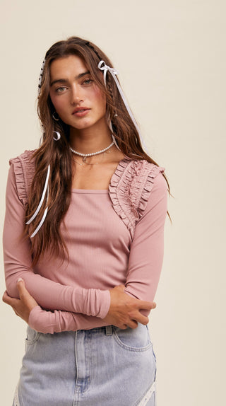 Dusty Rose Shoulder Ruffle Top