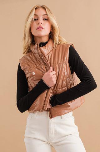 Glossy Quilted Puffer Crop Vest Zip Up