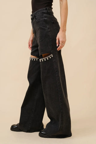 Black Mid Rise Crystal Slit Denim Jean