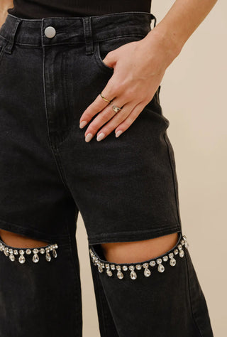 Black Mid Rise Crystal Slit Denim Jean
