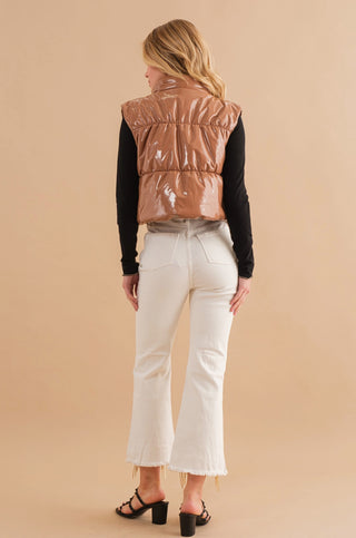 Glossy Quilted Puffer Crop Vest Zip Up