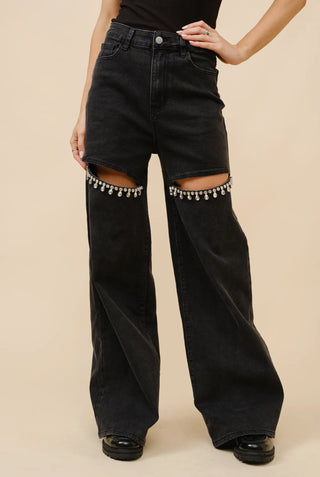 Black Mid Rise Crystal Slit Denim Jean