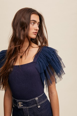 Tiered Ruffle Navy Smocked Bodysuit