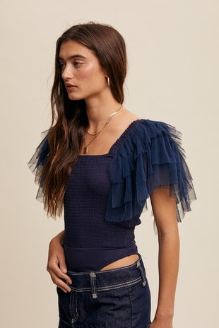 Tiered Ruffle Navy Smocked Bodysuit