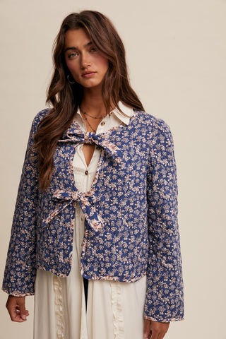 Ditzy Navy Floral Quilted Tie Jacket