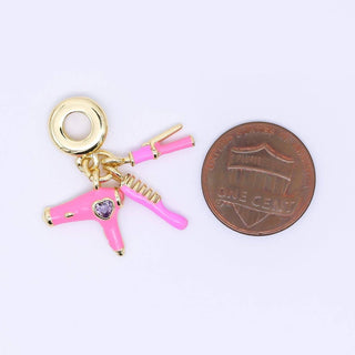 24K Gold Filled 16mm Pink Hair Blower Straightener Comb Beauty Set Rondelle Drop Charm