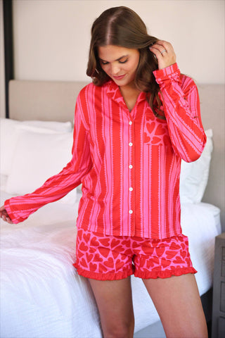 Heartfelt Stripes Ruffle Pajama Set: Red/Pink