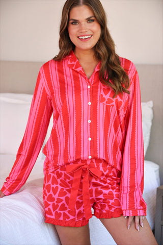 Heartfelt Stripes Ruffle Pajama Set: Red/Pink