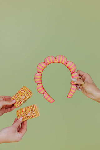KAXI - GRWM HEADBAND & WRISTBAND SET: MUSTARD & PINK STRIPED / WITH WRISTBANDS