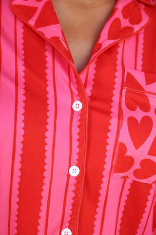 Heartfelt Stripes Ruffle Pajama Set: Red/Pink