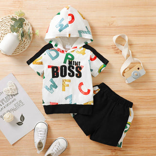2pcs Baby Boy/Girl Allover Letter Design Short-sleeve Hooded Top and Shorts Set