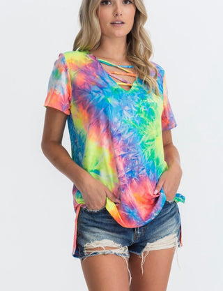 Crisscrossed Neon Tie-Dye Top