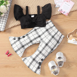 2pcs Baby Girl Ribbed Cold Shoulder Short-sleeve Crop Top and Plaid Flared Pants Set