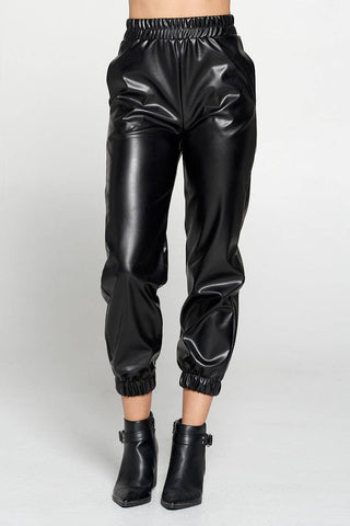 Black Faux Stretch  Leather Pants with Pockets