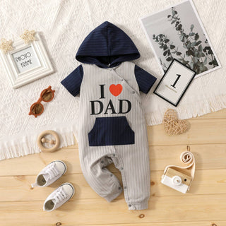 Baby Boy Love Heart and Letter Print Colorblock Ribbed Short-sleeve Hooded Jumpsuit