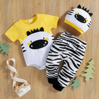 3pcs Baby Boy/Girl Cartoon Animal Print Colorblock Short-sleeve Romper and Zebra Print Trousers with Hat Set
