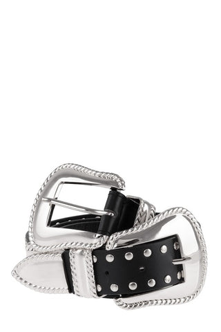 **Etched Trim Western Double Buckle Belt with Stud Detail
