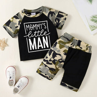 2pcs Baby Boy Letter Print Camouflage Raglan-sleeve T-shirt and Splicing Shorts Set