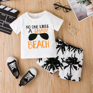 2pcs Baby Boy Short-sleeve Letter Print T-shirt and All Over Coconut Tree Print Shorts Set