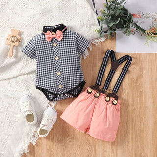 2pcs Baby Boy Suspender Shorts and Plaid Short-sleeve Romper Set Gentleman Outfits