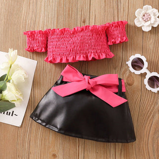2pcs Baby Girl Off Shoulder Strapless Short-sleeve Smocked Crop Top and Belted Faux Leather Skirt Set