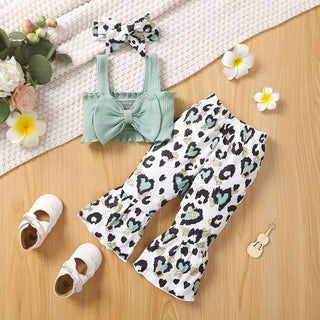 3pcs Baby Girl Shirred Spaghetti Strap Crop Top and Leopard Flared Pants with Headband Set