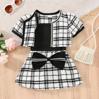 3pcs Baby Girl Black Ribbed Camisole and Tweed Puff-sleeve Cardigan with Bowknot Skirt Set