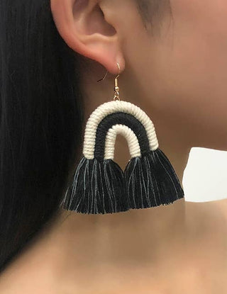 Marci Black Woven Cotton Rainbow Tassel Earrings