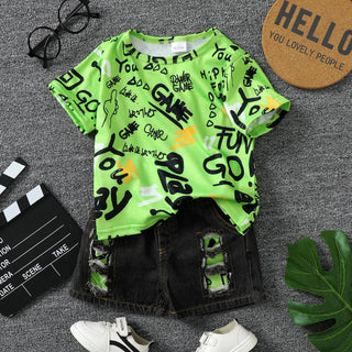 2pcs Baby Boy Ripped Denim Shorts and All Over Graffiti Letter Print Short-sleeve T-shirt Set