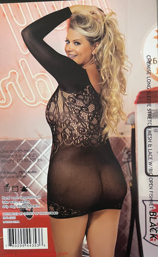 Chemise Long Sleeve Stretch Mesh & Lace W/Big Open Fishnet