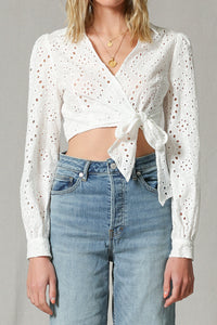 By Together- Long Sleeve White Eyelet Wrap Top
