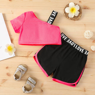 2pcs Baby Girl Letter Print One Shoulder Spaghetti Strap Textured Crop Top and Shorts Set