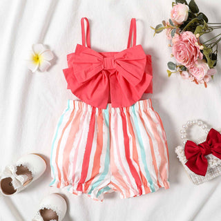 2pcs Baby Girl Bow Front Shirred Back Cami Top and Striped Shorts Set
