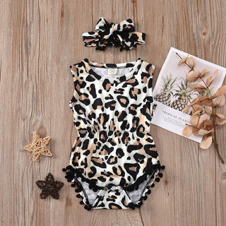 2-piece Baby Leopard Print Pompon Rompers with Headband Set