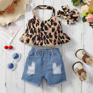3pcs Ripped Denim Shorts and Leopard Print Halter Neck Ruffle Hem Top with Headband Set