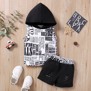 2pcs Baby Boy All Over Letter Print Hooded Sleeveless Tank Top and Ripped Shorts Set