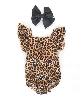 Shiloh Ruffle Back Romper - Brown Leopard