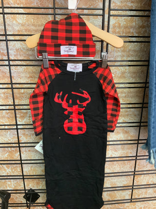 Deer Black and Red Checkered Baby Gown